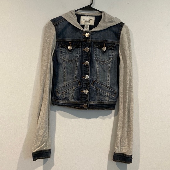 American Rag Jean Jacket with Sweatshirt Material Sleeves and Hood - Size Small - Picture 1 of 7
